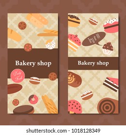 Bakery flyer background vector flat. Bread and pastries banner set.