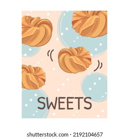 Bakery flyer. Loaves cupcake, muffin vector illustrations with text. Holiday and dessert for posters and brochures design