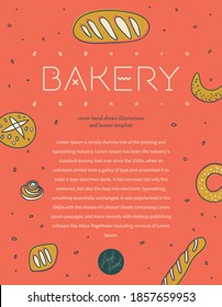 Bakery flyer template with vector hand-drawn icons of bread in warm ochre tints. Fresh bread for Bakehouse poster with color illustrations of breadstick, baguette, bagel for label, banner design.