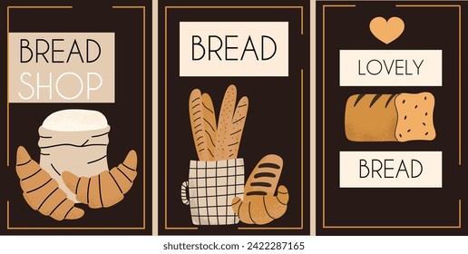 Panadería en la tienda, café. productos dulces. Colección de pan con estilo de dibujo a mano. Ilustración vectorial para banner, menú, afiche.