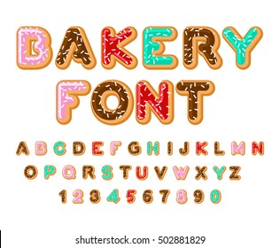 Bakery font. Donut ABC. Baked in oil letters. Chocolate icing and sprinkling. Edible typography. Food lettering. Doughnut alphabet.