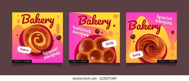 Bakery food banners, social media post templates. Square posters with sweet swirl buns and bakes on pink and yellow background, vector cartoon illustration