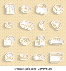 Bakery Food. Bread, buns, open-face sandwiches with knife and toaster.
Set of Outline Paper Stickers. Smartly grouped.