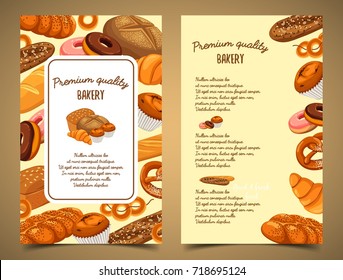 Bakery food or bread loaf, baguette or baton, rye pastry banner. Butterbrot bread and baton, french croissant and cereal anadama, cake with raisins and grain, donut. Bakehouse or shop theme