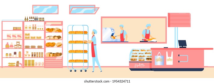 Bakery food, bread shop confectionery, fresh loaf, male salesman, business bun commercial, design, flat style vector illustration.