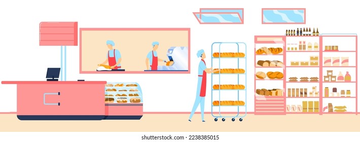 Bakery food, bread shop confectionery, fresh loaf, male salesman, business bun commercial, design, flat style vector illustration.