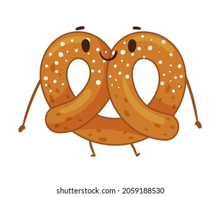 Bakery food cartoon character. Cute pretzel with funny smiling face vector illustration