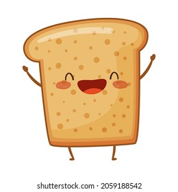 Bakery food cartoon character. Cute toast bread with funny smiling face vector illustration