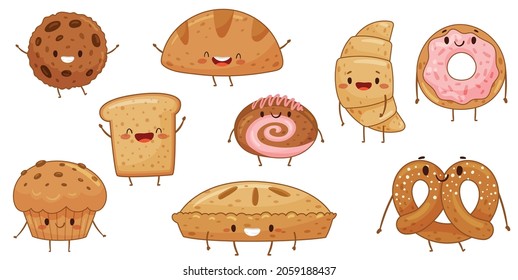 Bakery food cartoon characters set. Cute tasty pastries with funny smiling faces vector illustration