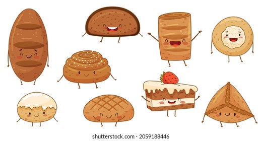 Bakery food cartoon characters set. Cute tasty bakery pastries with funny smiling faces vector illustration