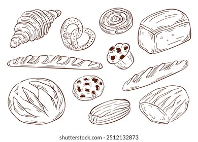 Colección de comida de panadería en estilo de arte de línea. Pan, pastelería, croissant, baguette, pretzel, pan, muffin, galleta. Diseño para marcas de alimentos, empaques o diseños de menús. Ilustración vectorial aislada.