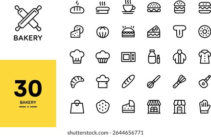 Bakery food and dessert icons in black line style