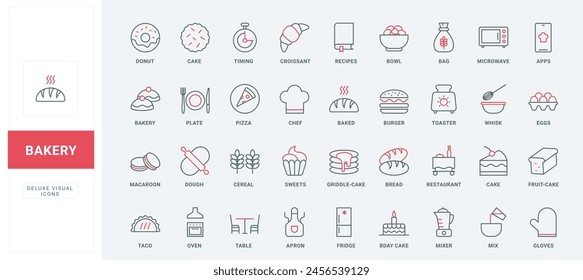 Bakery food elements, oven and chefs tools line icons set. Birthday cake and muffin, bread and donut for breakfast, croissant and biscuit thin black and red outline symbols vector illustration