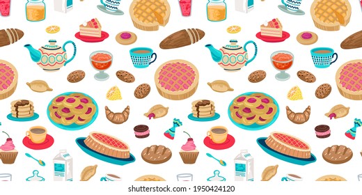 Bakery food icon seamless pattern. Pastries, breakfasts, lunches in a cafe, menu and decor, Sweet desserts, dough food, pies and tea cakes. Print for background. Vector illustration