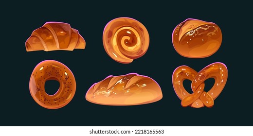 Bakery food icons, bread loaf, baguette, croissant, bagel, bun and pretzel. Bakes set with fresh wheat bread, ciabatta and french batard, vector cartoon illustration