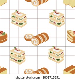 Bakery Food Illustration, Fruit Cake, Castella, Cake Roll, Sliced Cake Illustration, Seamless Pattern, Vector EPS 10.