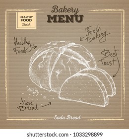 Bakery food illustration on cardboard background. Soda bread
