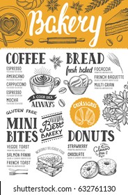 Bakery food menu for restaurant and cafe. Design template with hand-drawn graphic elements in doodle style.
