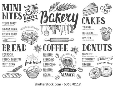 Bakery food menu for restaurant and cafe. Design template with hand-drawn graphic elements in doodle style.