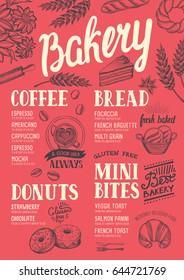 Bakery food menu for restaurant and cafe. Design template with hand-drawn graphic elements in doodle style.