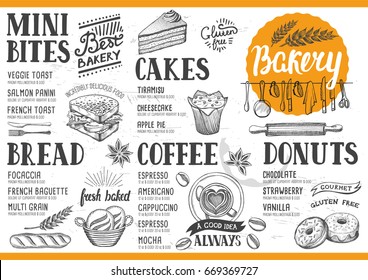 Bakery food menu for restaurant and cafe. Design template with hand-drawn graphic elements in doodle style.