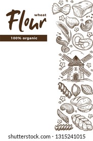 Bakery food and pasta meal wheat flour products sketch vector pastry bread and ciabatta pigtail bun and pretzel farfalle and pipe rigate cavatappi and stelle fusilli and conchiglie penne and mill