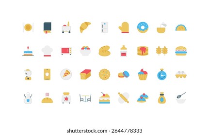 Bakery food and pastry, bakers equipment and recipes book, cafe and restaurant menu color icon set. Hot baked bread and grain bun, burger and sweet doughnut, cookie and oven flat vector illustration