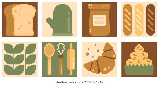 Padaria padrão alimentar em mosaicos geométricos. Ilustração vetorial de pão assado fresco, pacote de farinha, baguete, croissant e cozinhar acessórios, design geométrico abstrato com ícones de alimentos