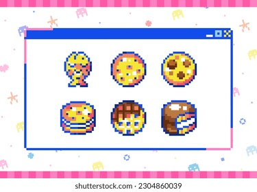 Bakery Food Pixel art Icons Set. 8bit pixelated y2k, style stickers of Cookies, Crackers, Chocolate Pies, Japanese Sweets, Decorative Digital Sweets with marshmallow. For Chats, Stickers, Video Games.