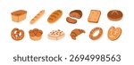 Bakery food set. Bread loaf, baguette, French croissant, brioche bun, roll, bagel with seeds, pretzel, palmier pastry and toast. Baked goods. Flat vector illustration isolated on white background