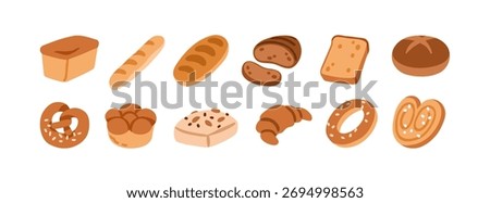 Bakery food set. Bread loaf, baguette, French croissant, brioche bun, roll, bagel with seeds, pretzel, palmier pastry and toast. Baked goods. Flat vector illustration isolated on white background