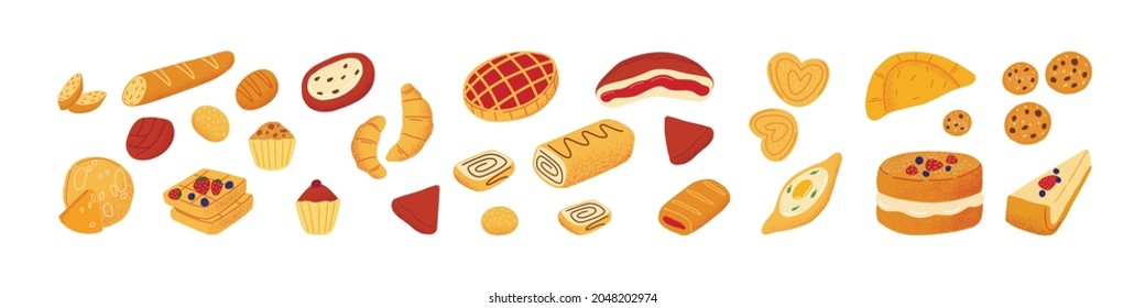 Panadería. Bollería fresca, pasteles, croissants franceses, pan, baguettes y panecillos. Postres dulces cocidos con harina de trigo. Ilustración vectorial plana coloreada aislada en fondo blanco