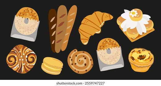 Bakery food set. French pastries for bakery menu design. Cartoon bread icons. Retro stickers for bakery and coffee shops. French baguette, croissant, bagel, sandwich, macarons 