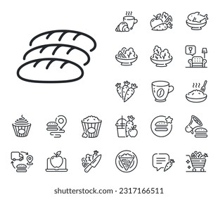 Bakery food sign. Crepe, sweet popcorn and salad outline icons. Bread line icon. Pastry baguette symbol. Bread line sign. Pasta spaghetti, fresh juice icon. Supply chain. Vector