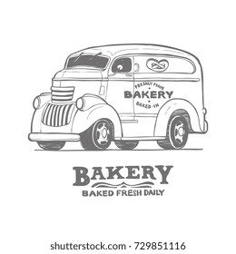 Bakery Food Truck, Hand Draw Doodles Style Van, Vector Coloring Illustration
