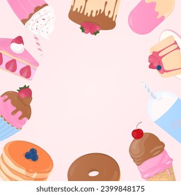 Bakery frame. Cake, ice cream, pancake, and drinks with copy space on a light pink background.