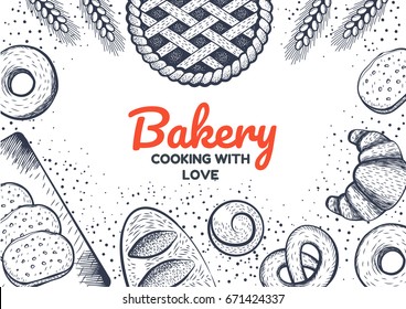 Bakery frame illustration. Hand drawn sketch with bread, sweet. Bakery set vector illustration. Food background template. Engraved food image