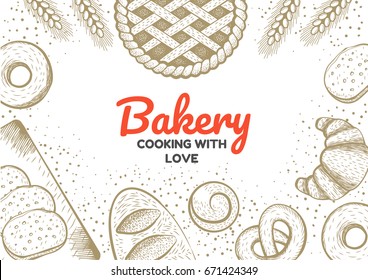 Bakery frame illustration. Hand drawn sketch with bread, sweet. Bakery set vector illustration. Food background template