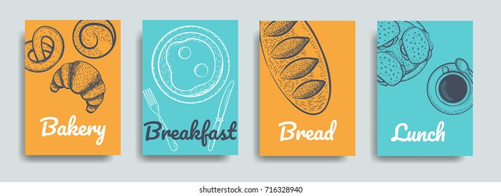 Bakery frame illustration. Hand drawn sketch with bread, sweet, coffee. Bakery set vector illustration