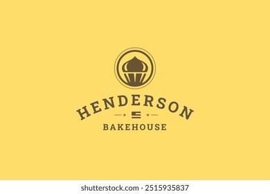 Bakery fresh baked cupcake retro logo design template for cafe vector flat illustration. Bakehouse traditional cake pastry cooking minimalist logotype for store shop cafeteria eatery
