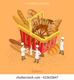 Bakery fresh basket pastry concept. Flat 3d isometry isometric style web site icon set vector illustration. Micro bakers cook huge shopping cart bread croissant baguette. Creative people collection.