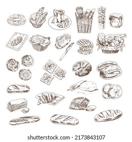 Bakery fresh bread collection with various sorts of bread, croissant, pretzel, french baguette, rolls, bagels and buns isolated on white background. Vector sketch illustration. 