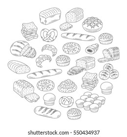 Bakery fresh  bread collection with various sorts of bread, croissant, pretzel, french baguette, rolls, bagels  and buns isolated on white background, hand drawn doodle style  vector illustration.