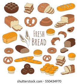 Bakery fresh  bread collection with various sorts of bread, croissant, pretzel, french baguette, rolls, bagels  and buns isolated on white background, hand drawn doodle style  vector illustration.