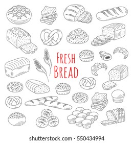 Bakery fresh  bread collection with various sorts of bread, croissant, pretzel, french baguette, rolls, bagels  and buns isolated on white background, hand drawn doodle style  vector illustration.