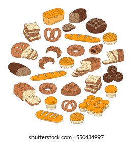 Bakery fresh  bread collection with various sorts of bread, croissant, pretzel, french baguette, rolls, bagels  and buns isolated on white background, hand drawn doodle style  vector illustration.