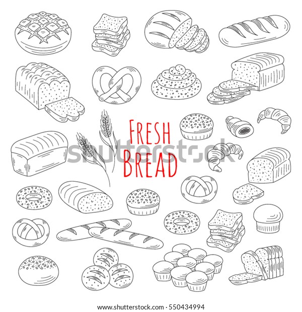 白い背景にパン クロワッセル プレッツェル フレンチバゲット ロール ベーグル バン 手描きの落書き風ベクターイラスト など さまざまな種類のパンを含むベーカリーの新鮮なパンコレクション のベクター画像素材 ロイヤリティフリー