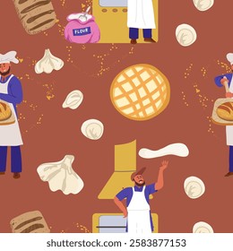 Bakery, fresh bread, dough, cook, bake seamless pattern, candy, background, yeast baked bread.  Vector illustration, hand drawn.