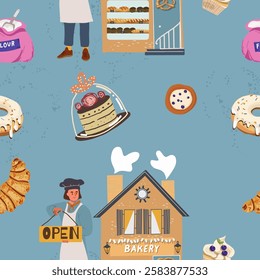 Bakery, fresh bread, dough, cook, bake seamless pattern, candy, background, yeast baked bread.  Vector illustration, hand drawn.