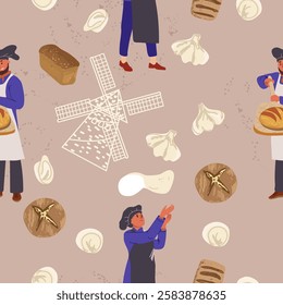 Bakery, fresh bread, dough, cook, bake seamless pattern, candy, background, yeast baked bread.  Vector illustration, hand drawn.